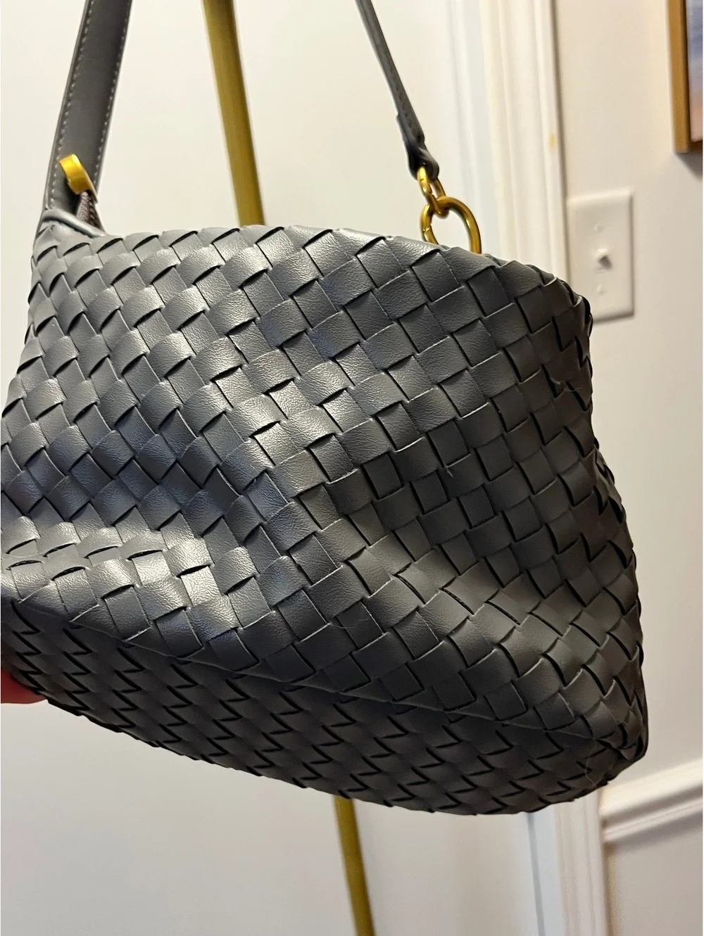 Chic Gray Woven Leather Shoulder Bag with Gold Hardware